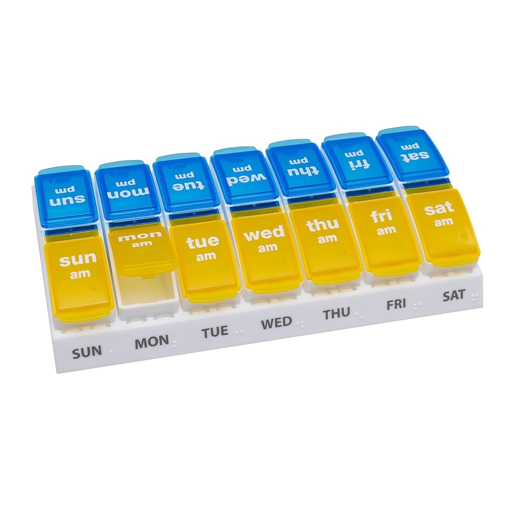 EZY DOSE Weekly AM/PM Pillen Organisator, 7-dagen vitamine en medicatie doos met grote Pop-Out Compartments, 2 keer een dag pil houder voor eenvoudige dosering, gele en blauwe deksels, Travel-Friendly Design