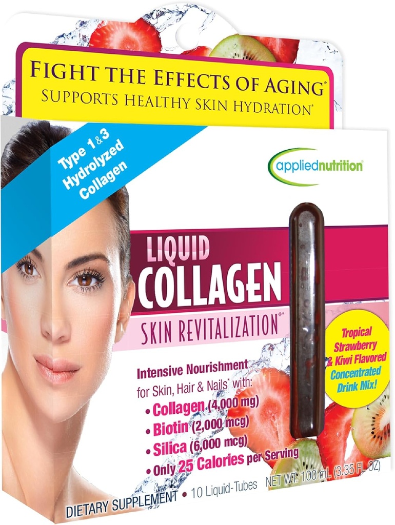 Toegepaste Voeding Liquid Collageen Huid Revitalisatie - 10 Liquid Tubes - Collageen, Biotin & Silica - Tropische Aardbei & Kiwi smaak - 10 Servers