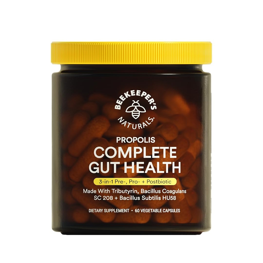 Beekeeper's Naturals Complete Gut Health, 3-in-1 Prebiotic, Postbiotic, Probiotics for Digestive Health & Bloating Relief for Women & Men, Propolis Powered, Glutenvrije Vegan Capsules, 60ct