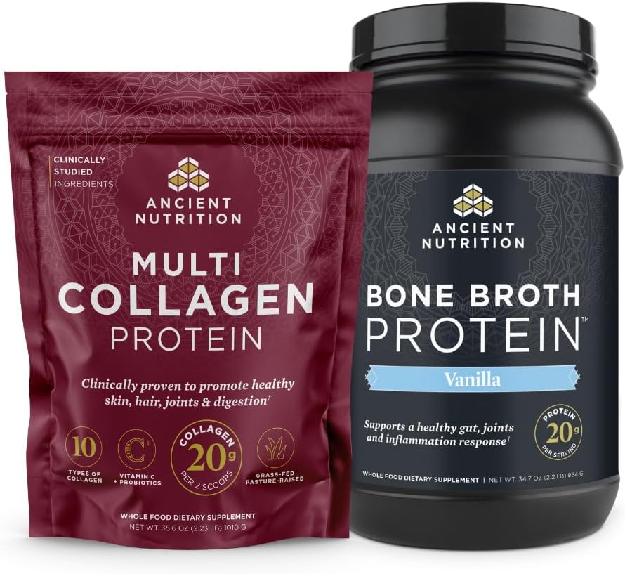 Oude voeding Multi Collageen Proteïne Poeder, Unflavored, 100 Serves + Bone Broth Proteïne Poeder, Vanille, 40 Servers