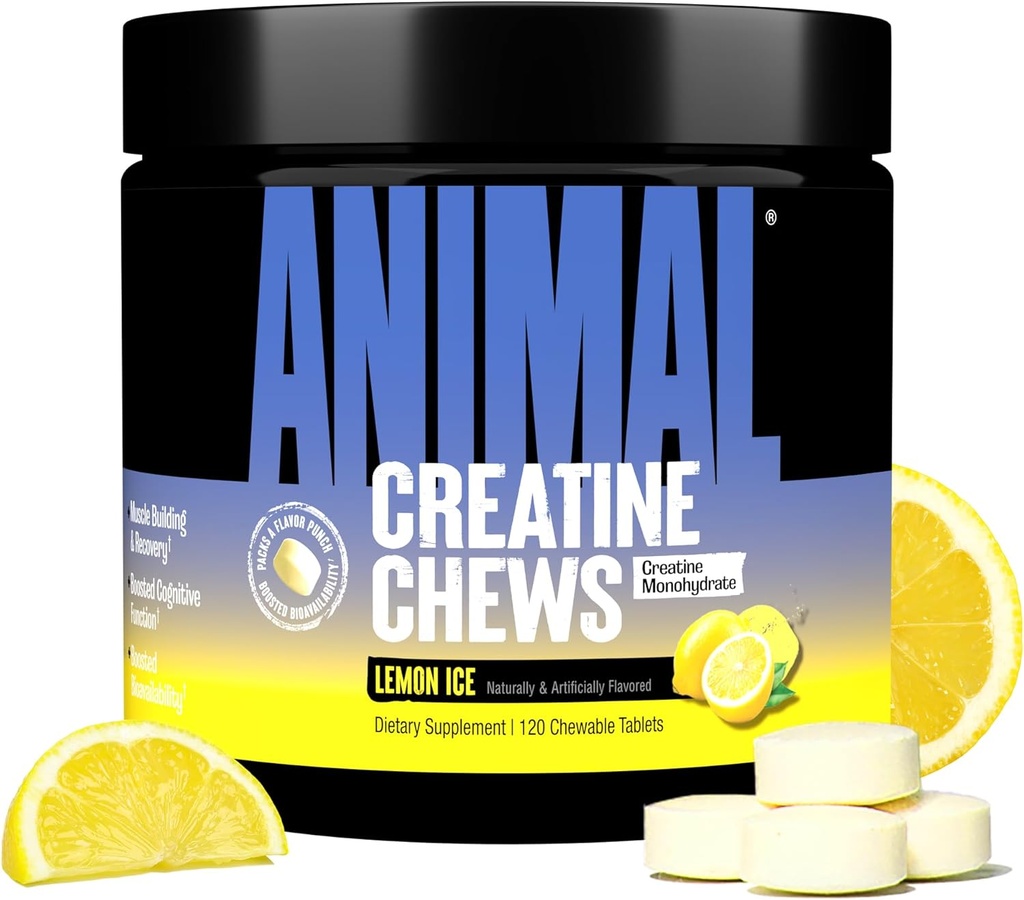 Comprimés à croquer en créatine animale - Monohydrate de créatine amélioré avec AstraGin pour améliorer l'absorption, sel de mer pour les pompes ajoutées, comprimés à croquer délicieux et pratiques - Citron Ice
