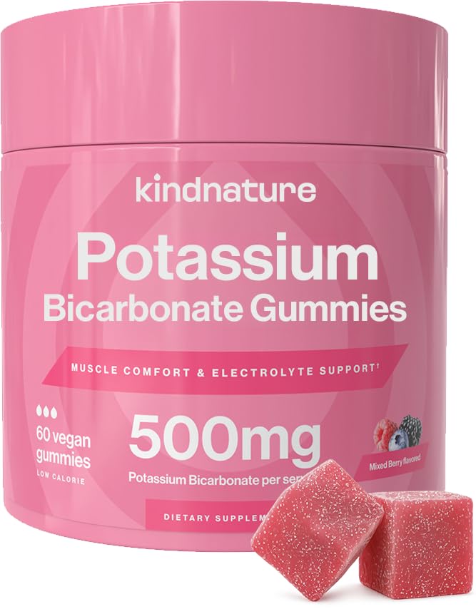 KINDNATURE Supplément de potassium élevé Gommies 500mg - Chewable pour les adultes et les enfants - Supplément minéral de biocarbonate de potassium pur - végétalien, sans gluten, non OGM - 60 Gommies (30 jours d'approvisionnement)