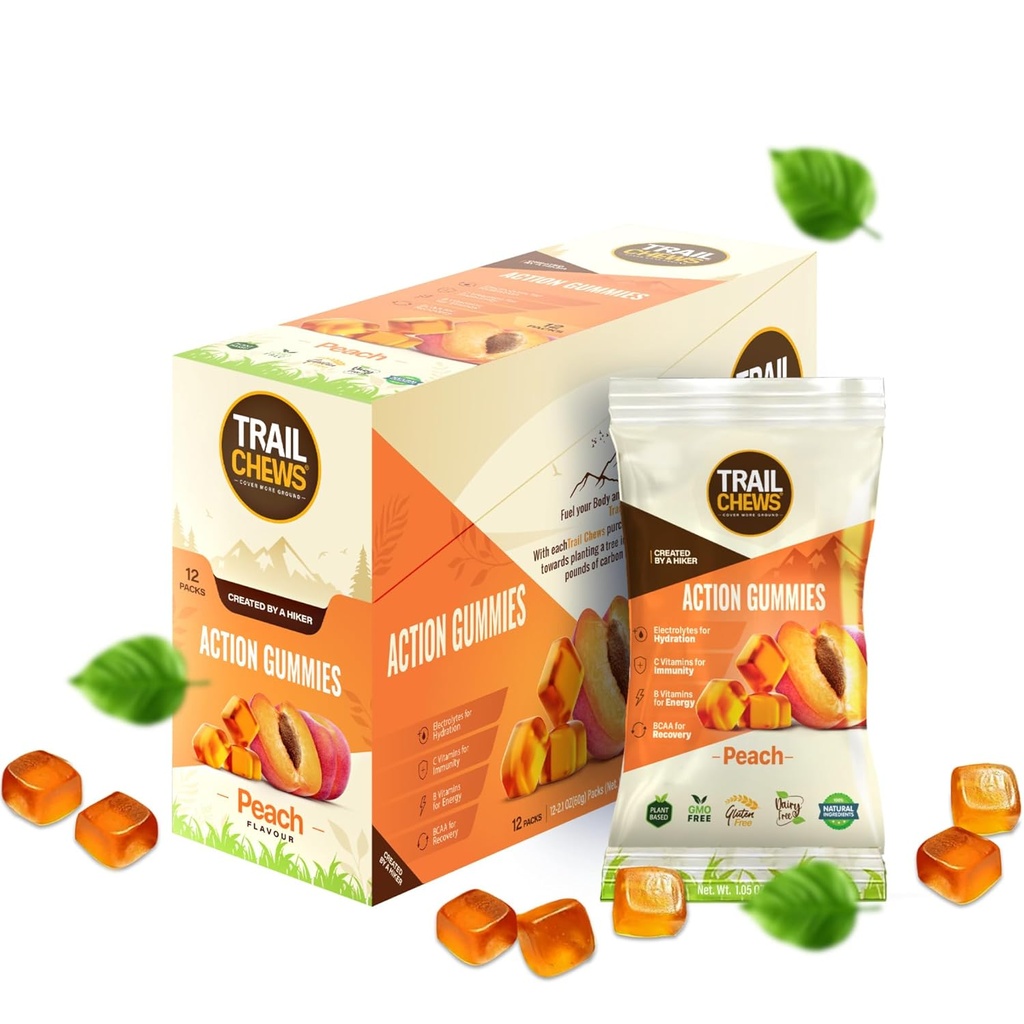 – Peach Flavor – Gommies d'énergie 4-en-1 pour l'énergie, l'hydratation, l'immunité, la récupération. Améliore l'endurance et la performance. Base végétale et sans gluten. 12 sacs, 10 gommes chacun.