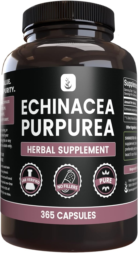PURE ORIGINEEL INGREDIËNTEN Echinacea Purpurea (365 capsules) Geen Magnesium of rijstvullers, altijd zuiver, lab geverifieerd