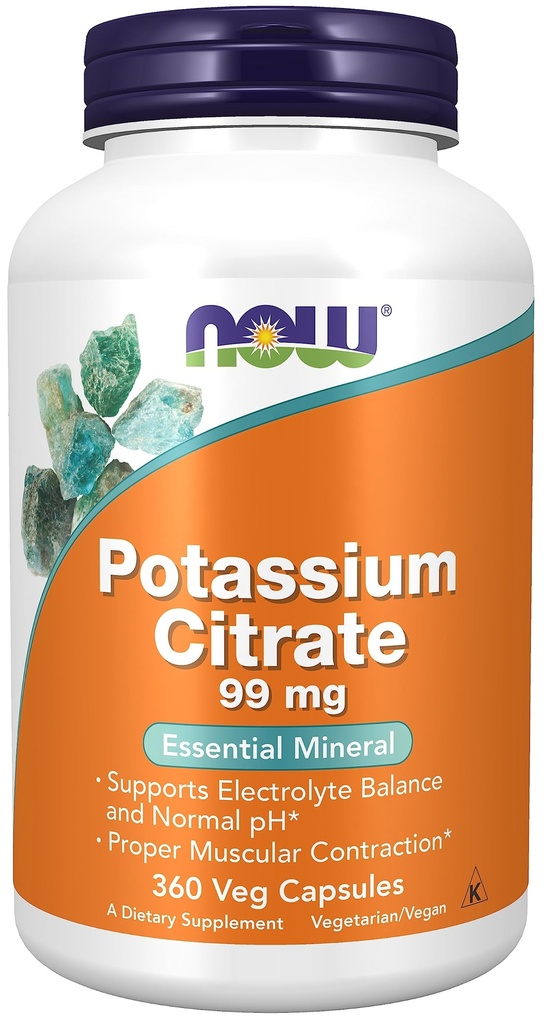 NOW Foods, Kalium Citroen 99 mg, Ondersteunt Electrolyte Balance en Normale pH*, Essentiële Minerale, 360 Veg Capsules