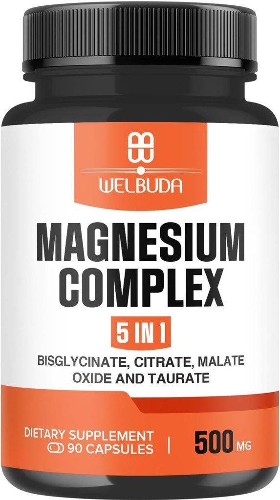 5in1 Magnesium Complex Supplement met 20% Gezuiverd - 500mg magnesiumbisglycinaat, citraat & meer voor spier, ontspannen Mood, Bone Health & More - 90 Capsules