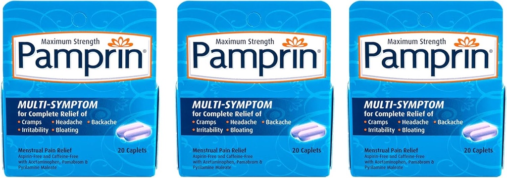 Pamprin Multi-Symptoom Formula, met Acetaminophen, Menstruele Periode Symptomen Verlichting, 20 Capletten (verpakking van 3)