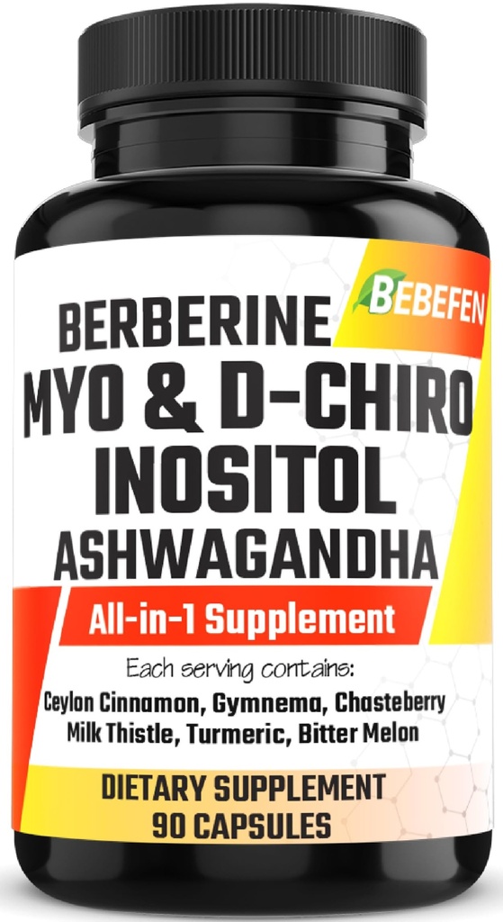 Myo-Inositol & D-Chiro Inositol Capsules met Ashwagandha, Berberine, Cinnamon, Gymnema, Chasteberry, Milk Thistle, Turmeric, Bitter Melon - 90 Capsules