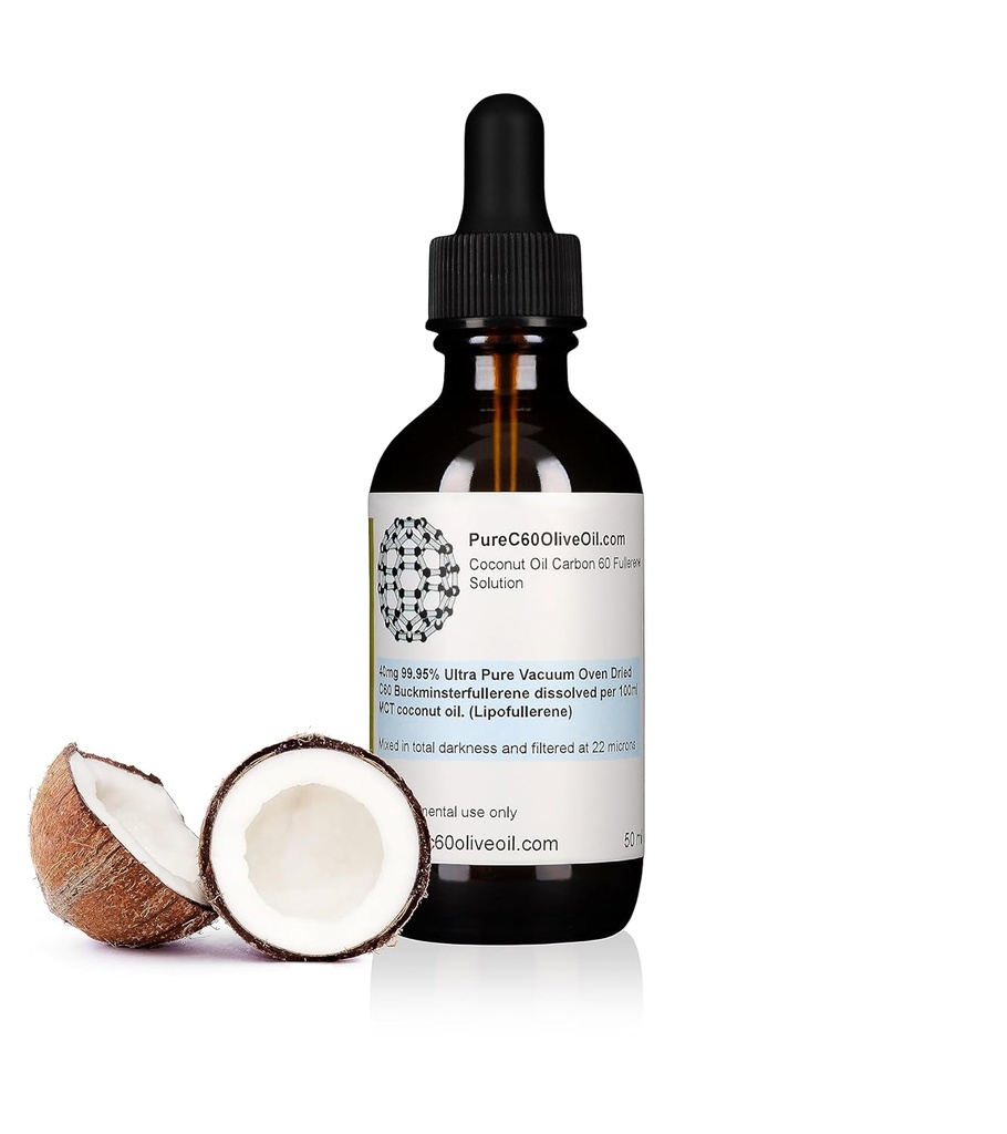 PureC60OliveHuile C60 Huile de noix de coco MCT biologique 50ml / 1,7 Fl Oz - 99,95% Carbone 60 Sans solvant 20mg - Bouteille en verre ambré - Qualité alimentaire - Carbone 60 MCT Huile de noix de coco - du principal producteur mondial