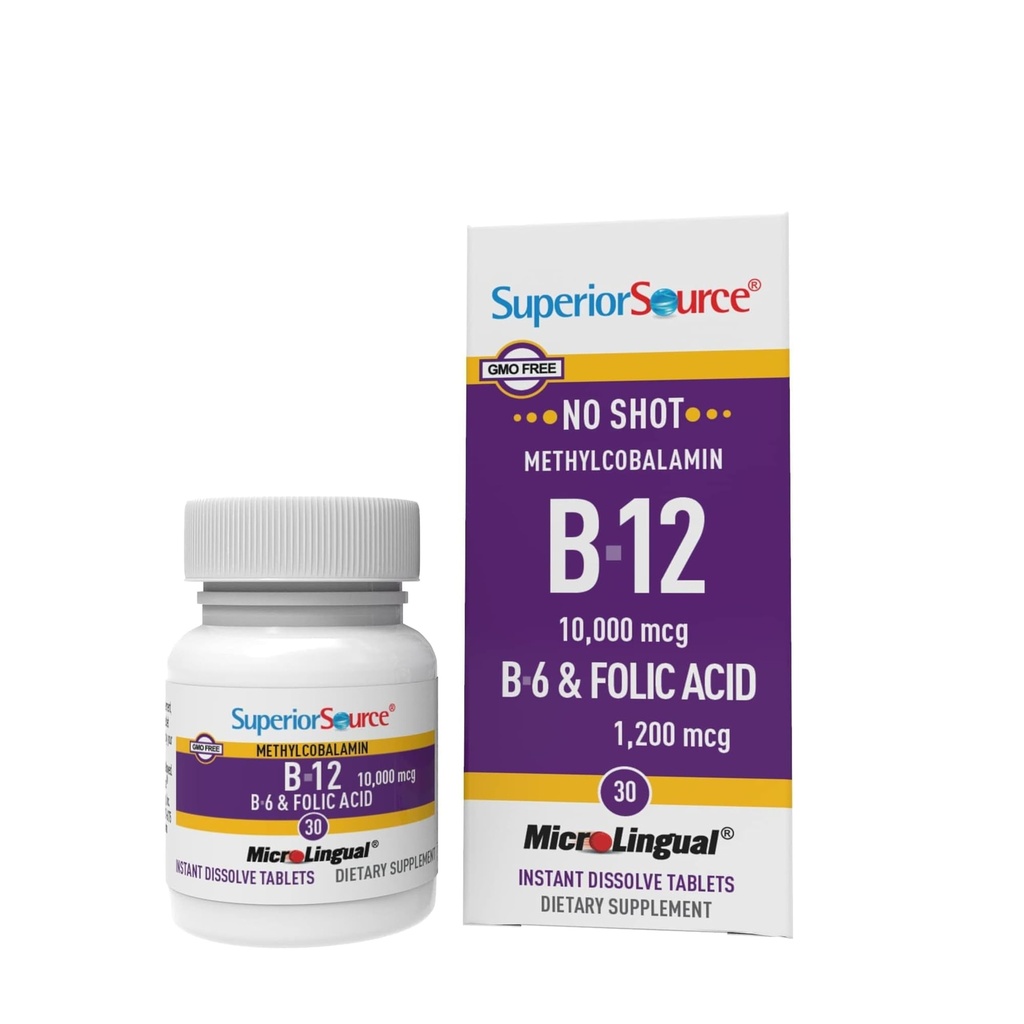 Superior Bron Geen Shot Vitamine B-12 Methylcobalamine 10000 mcg, B-6 & Folic Acid 1200 mcg - Ondersteunt hersenen en gezondheid van het hart - Aids Natural Energy Levels - 30 Sublingual Dissolving Tablets