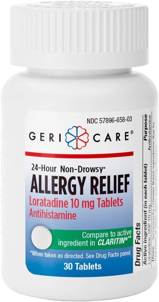 GeriCare Loratadine 10mg Non-Drowsy 24-Hour Allergie Relief, Antihistamine Allergie/Sinus Support Tablets for Runny Nose, Sneezing, Itchy, 30 Count, 1 Pack.
