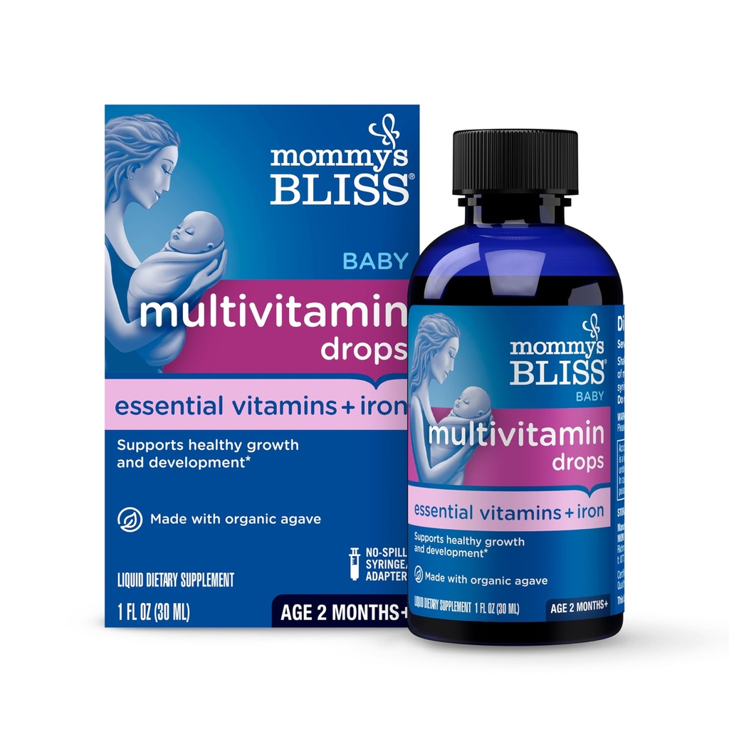 Mama's Gelukzaligheid Baby Multivitamine + IJzer, Dagelijkse Essentiële Vitaminen voor Immune Ondersteuning, Gezonde Groei & Bone Ontwikkeling*, Leeftijd 2 Maanden +, 30 ml, Vloeistof
