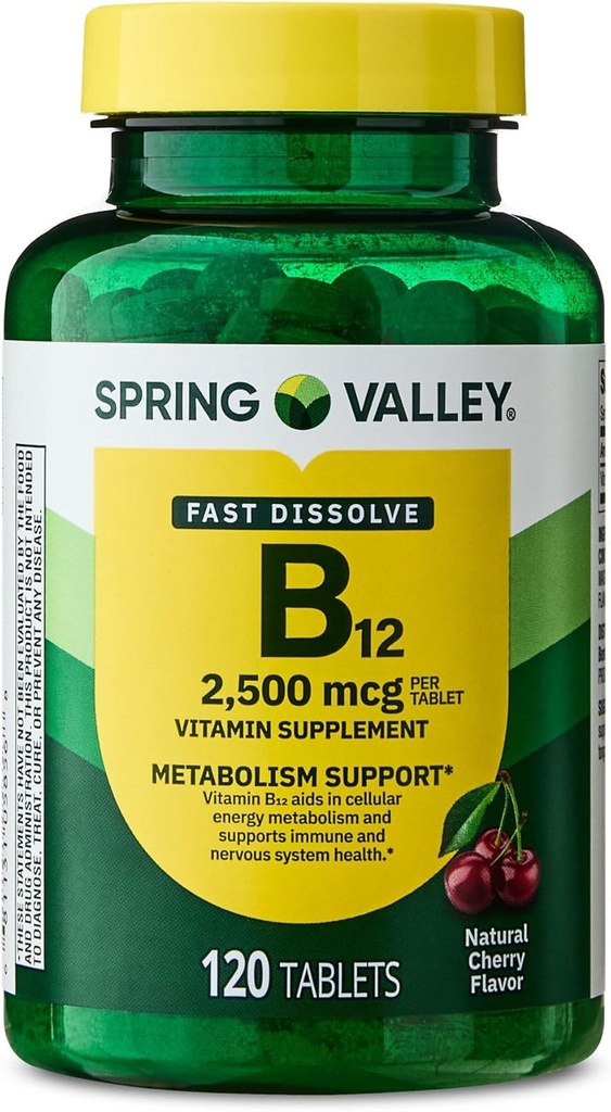 Vitamine B12 Quick-dissolve tabletten Dieetsupplement, 2.500 Mcg, Cherry, 120 Tel en Portable Pill Container (2 items)