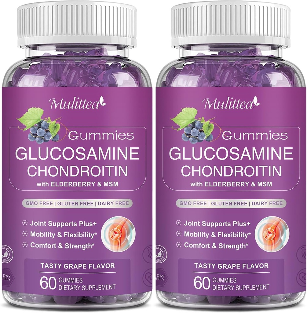 Mulitea Glucosamine Chondroitin Gummies - Extra sterkte Joint Support Supplement met MSM & Vlierbes voor natuurlijke gewrichts, antioxidant Immune Ondersteuning voor volwassenen, mannen & vrouwen-Sugar-Free (2 Pack)