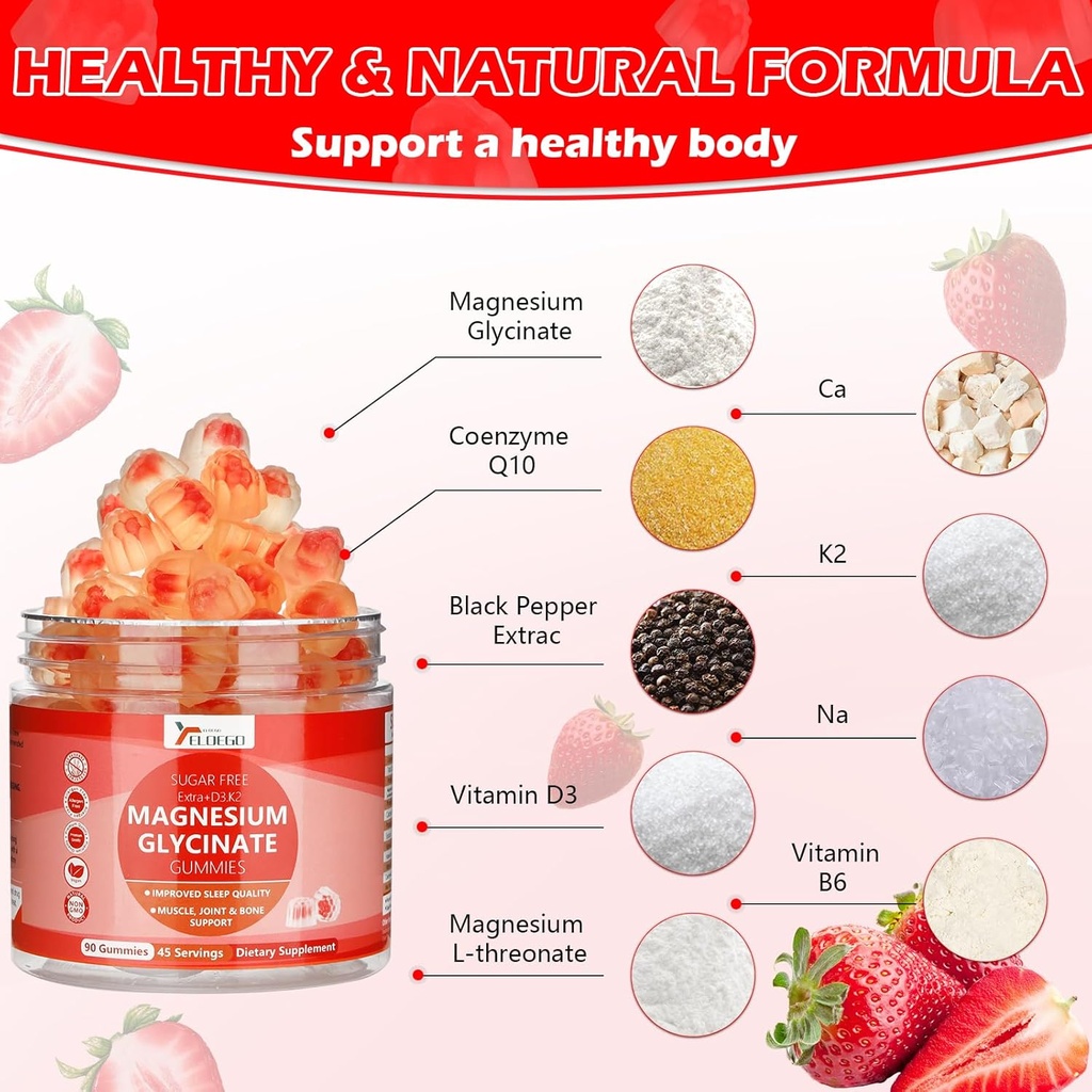 Magnesium Glycinate Gummies 600mg for Adult, Sugar Free Magnesium Potassium Supplement with Magnesium Malate, Vitamin D3, K2, B6, and CoQ10 for Calm, Sleep, Muscle Support - Strawberry, 90 Count