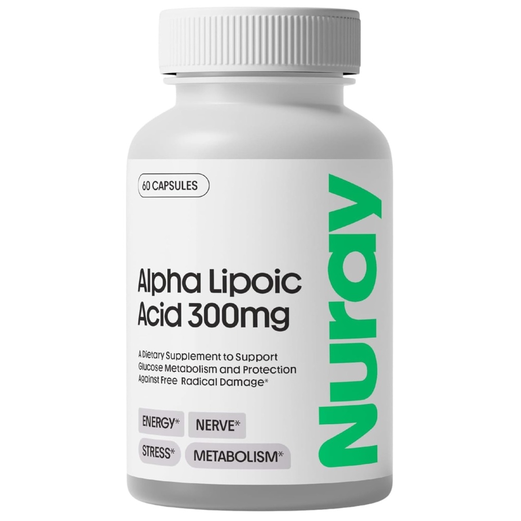 Nuray Alpha Lipoïne Acid 300mg - Antioxidant Supplement voor gezonde veroudering, Ondersteunt energieproductie, goede zenuwfunctie, Metabolisme - 60 Vegetarische Capsules, Glutenvrije Dieetsupplement