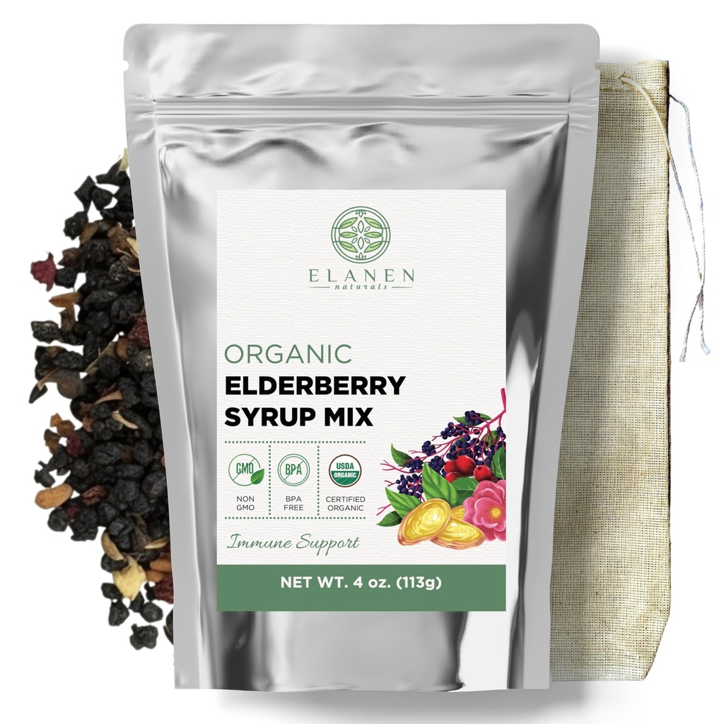 Elanen Naturals Biologische Vlierbessen Siroop Kit, Makes up to 24 oz, Includes Natural Cotton Brew Bag, USDA Certified Biologische Gedroogde Vlierbessen en Immune Ondersteuning Kruiden, Bulk Kit, 4 oz. (113g)