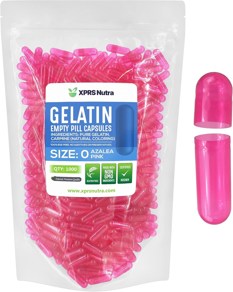 XPRS Nutra Taille 0 Capsules vides - 1000 Compte Capsules de gélatine vides - Pills Bricolage Capsule Remplissage - Gel de pilules pures pour les suppléments Do-It-Youlf (Azalea Rose)
