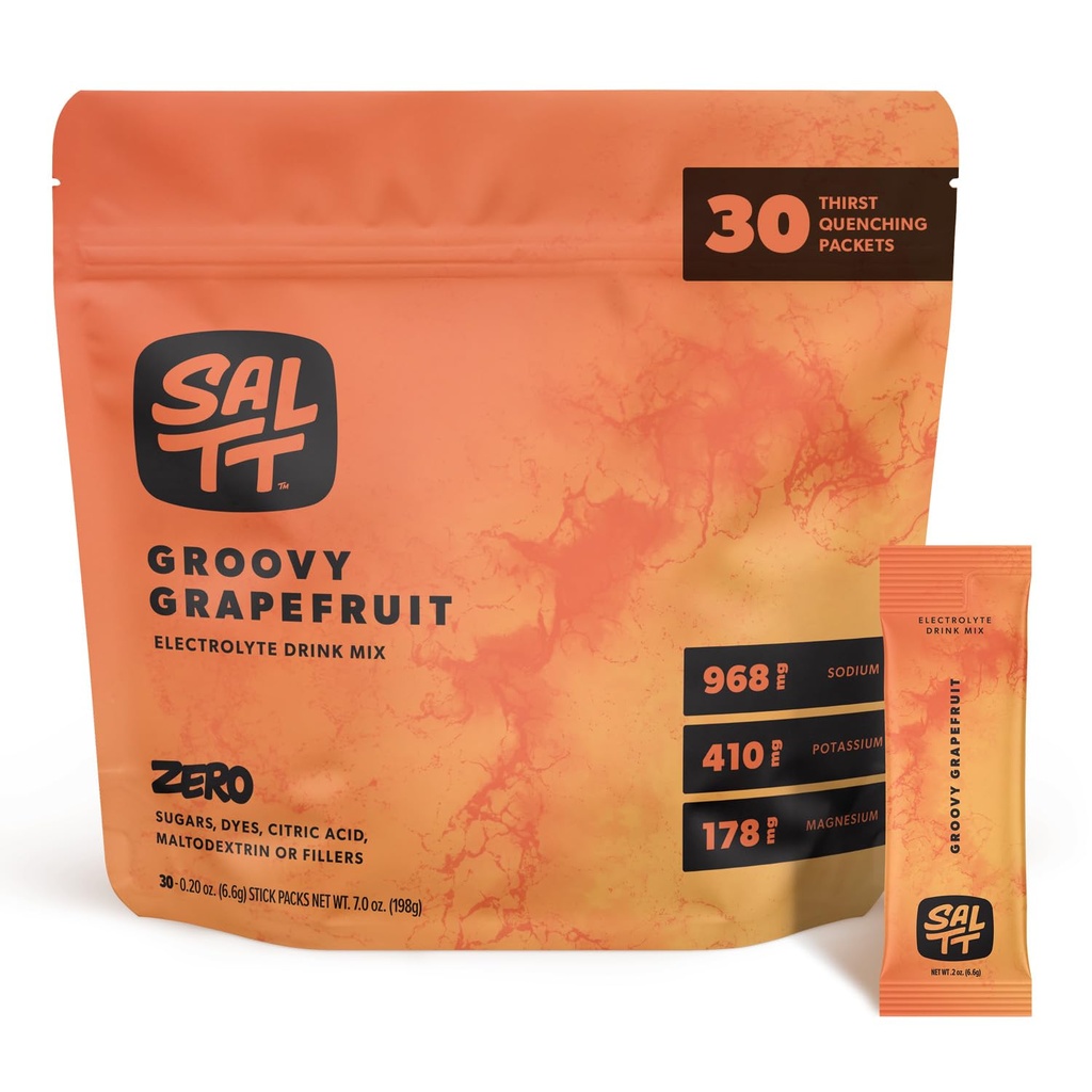 SALTT Electrolytes Poeder Gearomatiseerde Drank Mix - Groovy Grapefruit - 30 Hydration Packets - Magnesium, Kalium, Natrium, Trace Minerals - Zero Sugar & Gluten Free - Reizen Essentials