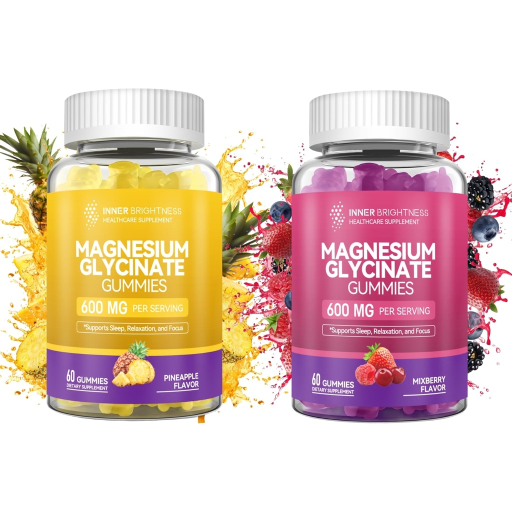 Gommies glycinées de magnésium - Gommies glycinées de magnésium pour adultes, pour le sommeil, la relaxation et le focus, non OGM, gluten - sans baies mélangées et arômes d'ananas, 120 Nombre (60 de chacun)