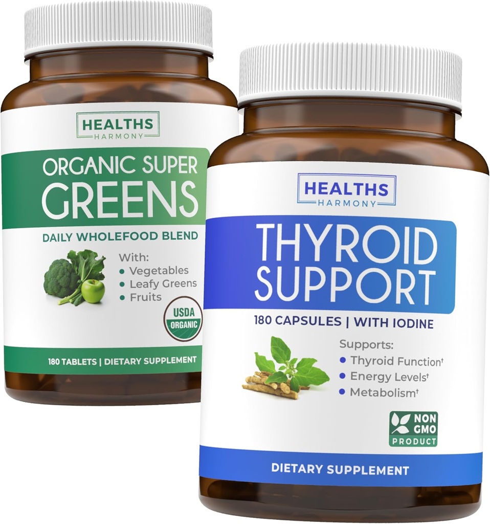 Super Greens & Thyroid Support (3-maandvoeding) Schildklier vitaliteit bundel van biologische Super Greens Powder - Complete Superfood (180 Capsules) & Thyroid Support for Men and Women (Non-GMO)(180 Capsules)