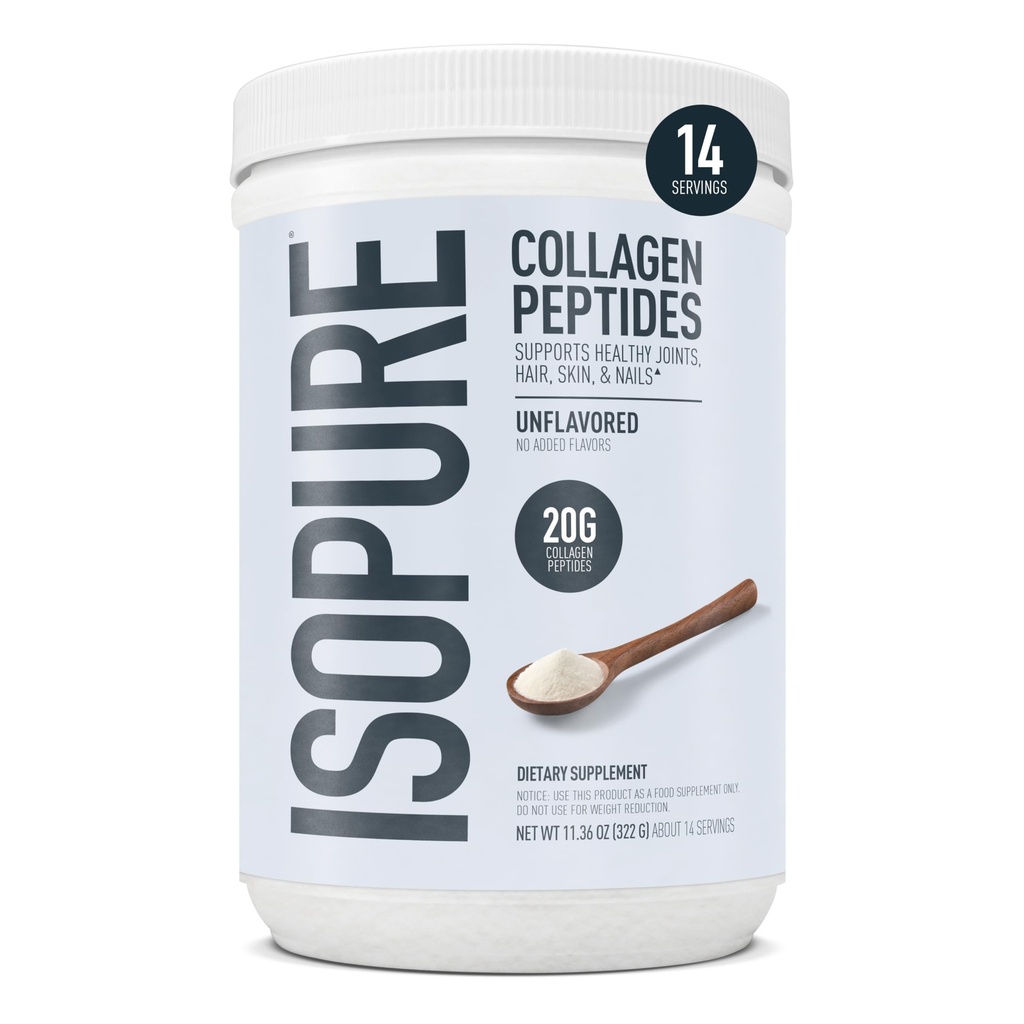 Isopure Collageen Peptides Powder, bevordert haar, nagel, huid en Joint Health, met vitamine C en biotine, Unflavored, 20g Collageen Peptides Per Serving, 11,36 Oz, 14 Servings (Verpakking mei Vary)