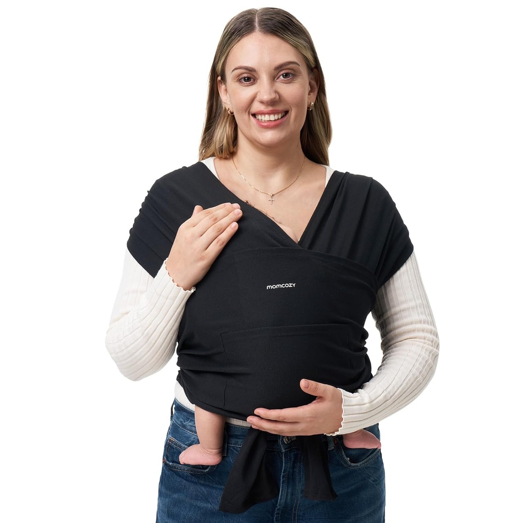 Momcozy Baby Wrap Carrier, Gemakkelijk te dragen Zuigeling Carrier Slings, Lichtgewicht Handen Gratis Baby Sling, Verstelbare Baby Carriers voor Pasgeborene aan Peuter 8-35 lbs, Zwart