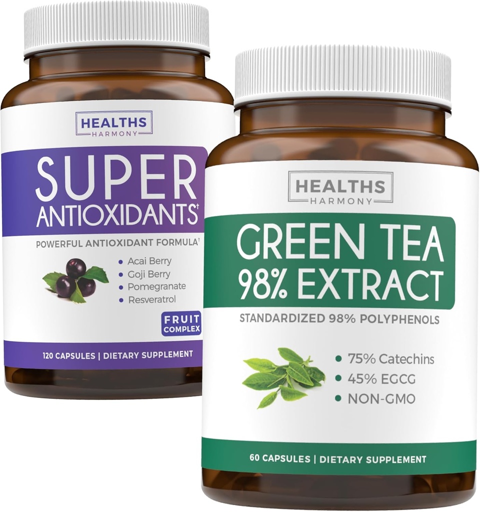 Antioxydants et extrait de thé vert (1-Mois d'approvisionnement) Antioxydant fusion verte - Super antioxydants - puissant super-aliment mélange quotidien (120 capsules) et extrait de thé vert avec EGCG polyphénol Catéchines(60 capsules)