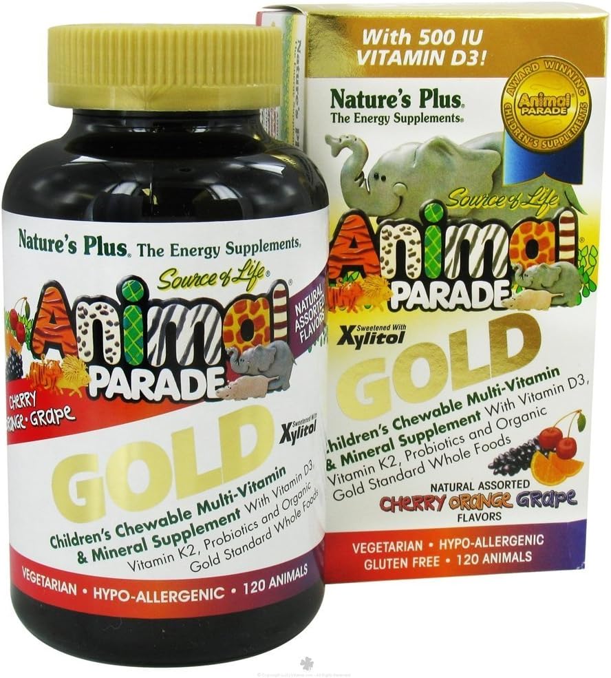 NaturesPlus Dierenparade Gouden Kinder Multivitamine - Assorted Cherry, Orange & Grape Flavors - 120 Animal-Shaped Kauwtabletten, Verpakking van 2 - Veganistisch, Glutenvrij - 120 Totaal porties