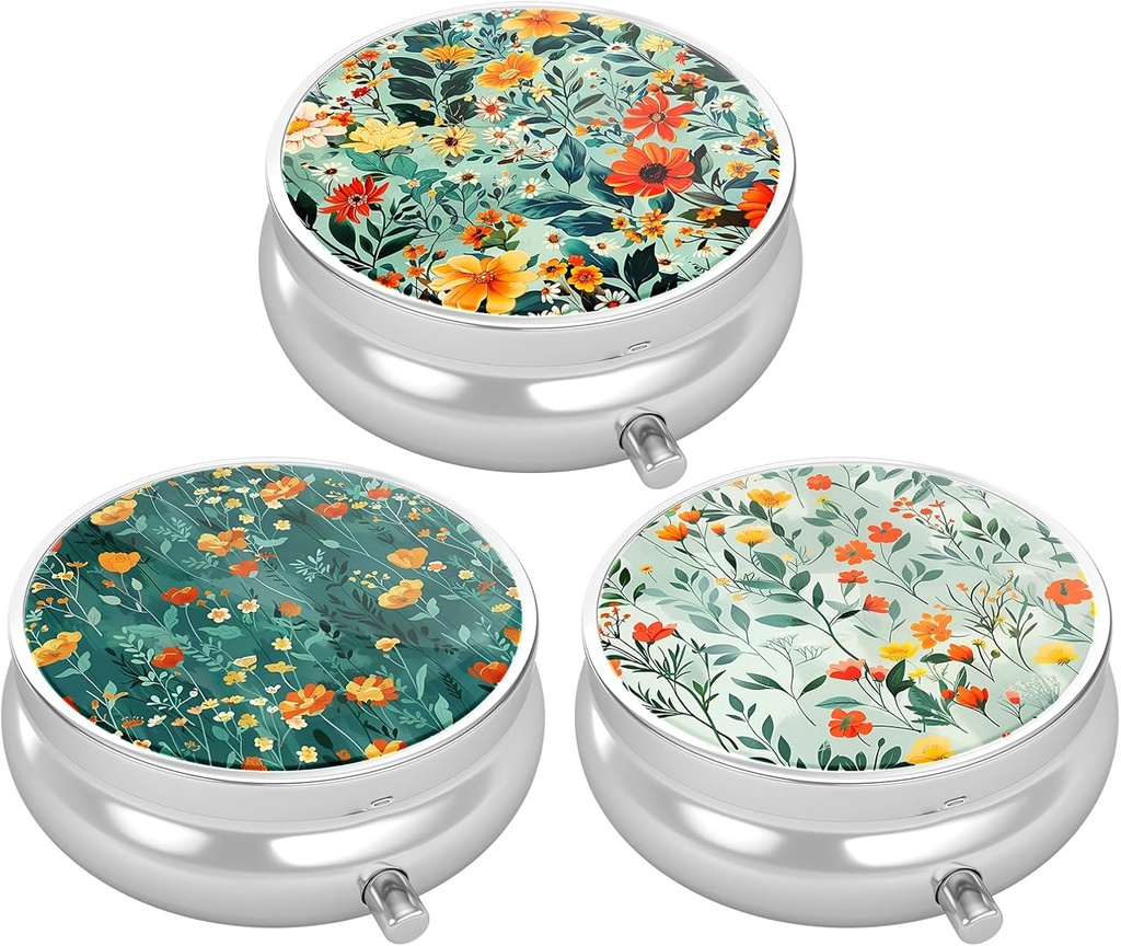 3 Pack pil Box, kleine pil geval voor portemonnee & zak, leuke reis medicijnen Organisator, draagbare geneeskunde container houder om vitamines vast te houden, medicijnen, visolie & supplement, mooie bloemen
