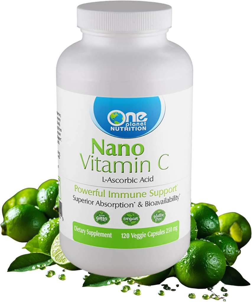 One Planet Nutrition Nano Vitamine C - wateroplosbare vitamine C voor mannen en vrouwen, natuurlijke niet-GMO vitamine C voor Immuunondersteuning, goede absorptie en biologische beschikbaarheid, vitamine C kleine capsules, 120 capsules