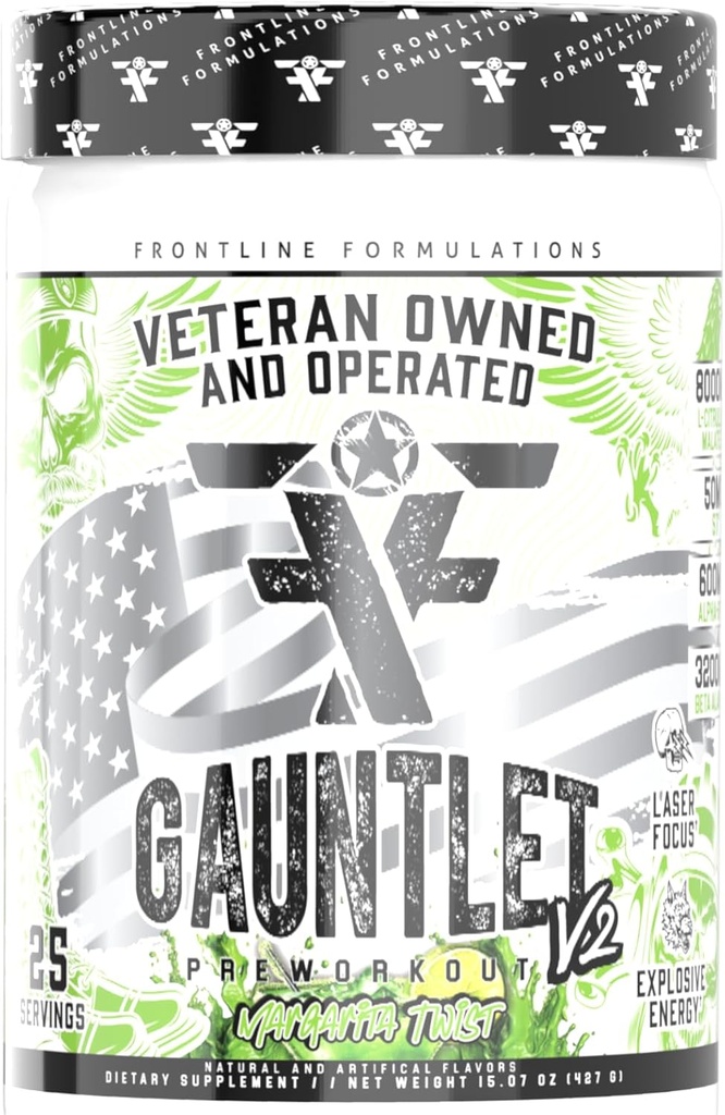 Gauntlet Pre-Workout Powder, Explosive Workouts, Laser Focus, Mid Stim, Amazing Flavor, Veteran Owned and Operated (25 Servers, Margarita Twist)