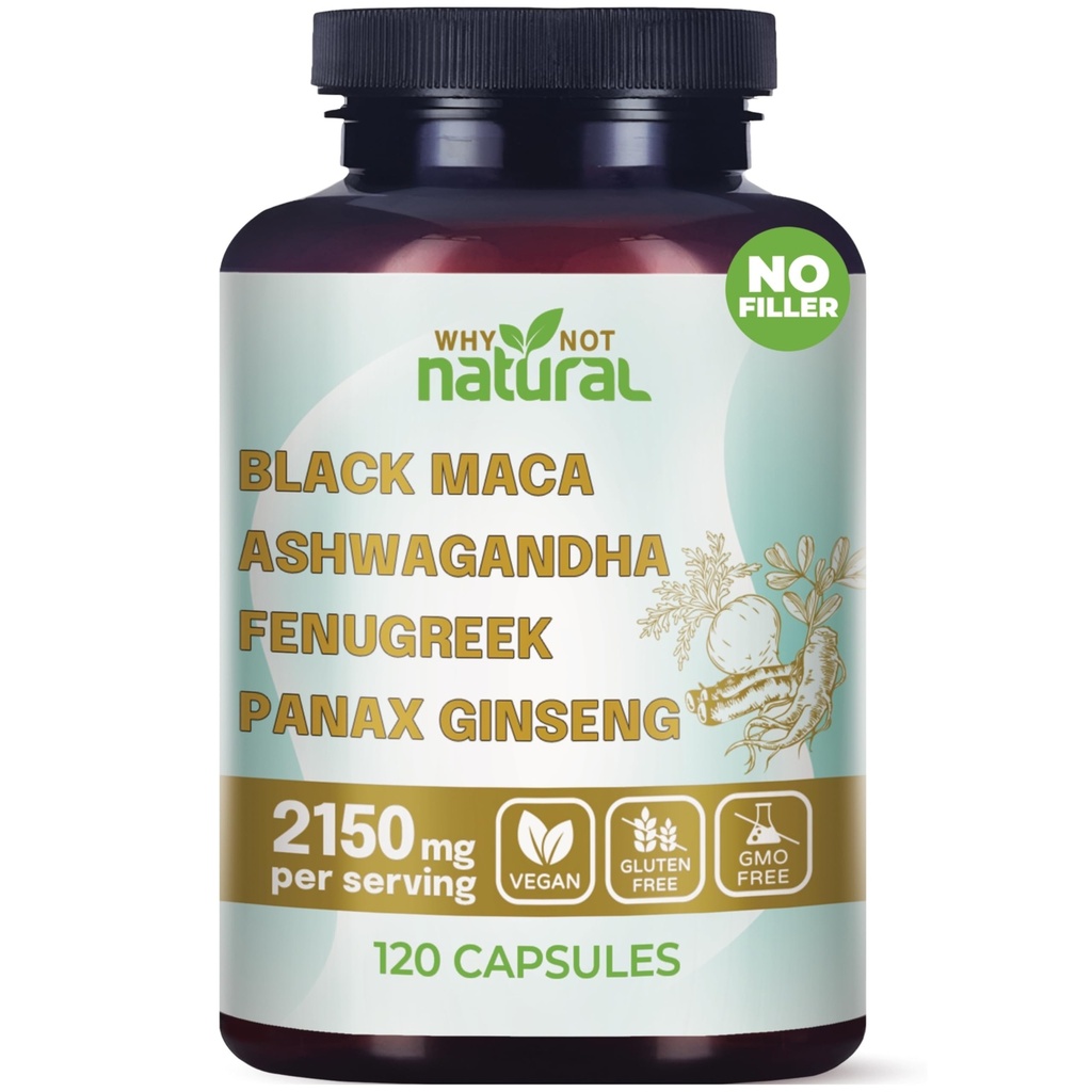 Pourquoi pas naturel 4-en-1 racine de maca noire biologique, Ashwagandha, Fenugreek, Panax Ginseng Capsules, Supplément pour les hommes et les femmes