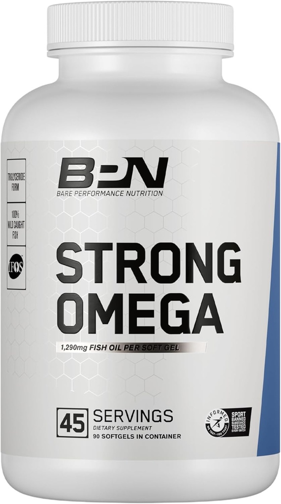 BARE PERFORMANCE NUTRITION, BPN Strong Omega Fish Oil Soft Gel, 1290mg Fish Oil per Capsule, Wild Caught Fish, Sustainablely Sourced, Ifos Certified