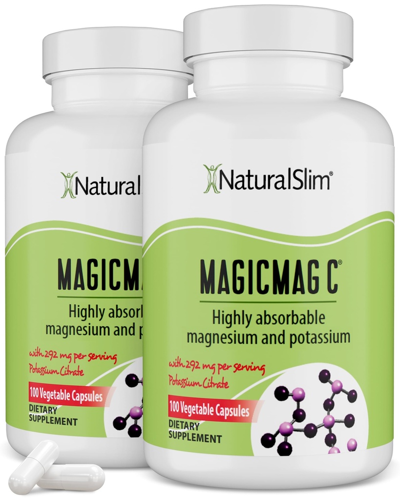 MagicMag C door NaturalSlim, Magnesium Citrate met Kalium voor spierontspanning, Slaapkwaliteit, Zenuwfunctie & Elektrolyte Ondersteuning, Dagelijks Magnesium Supplement voor mannen en vrouwen, 100 Capsules 2pk