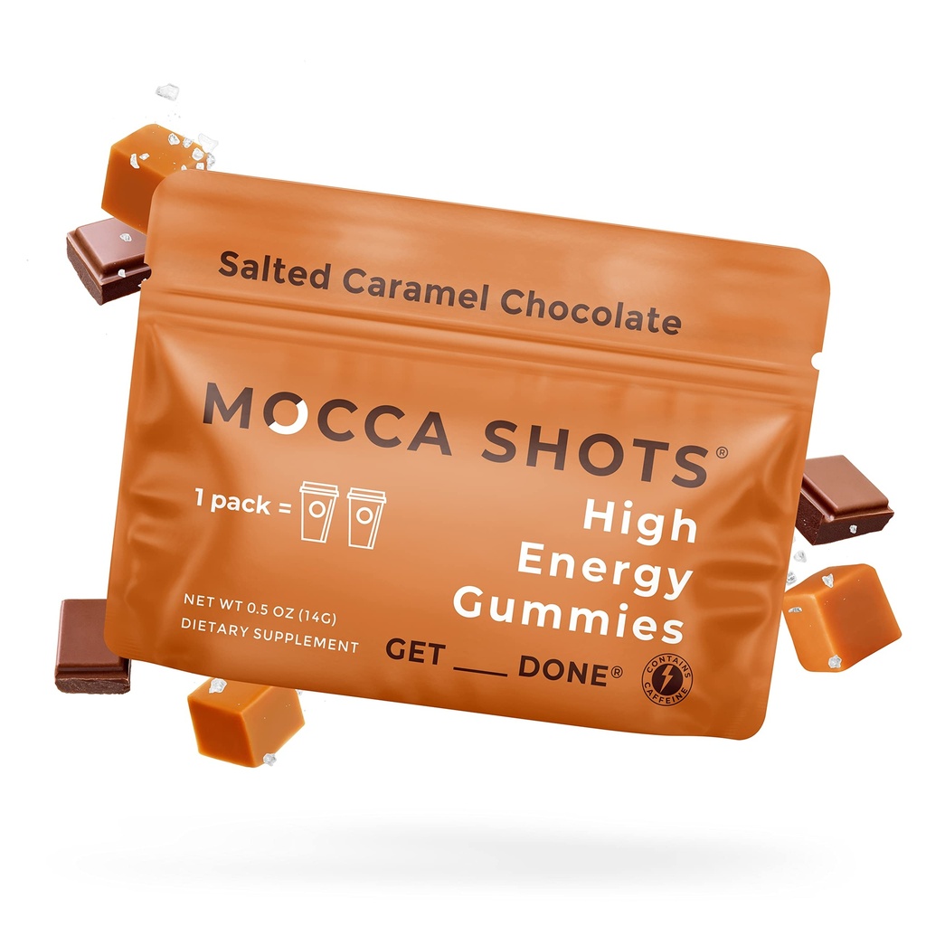 SGC Concentration la plus élevée 100mg Caféine par Gummy, 2 Gummies par paquet, 12-Pack Mocca Shots Caramel Salé à base de plantes d'énergie instantanée nootropique avec Ginkgo biloba, Theobromine.