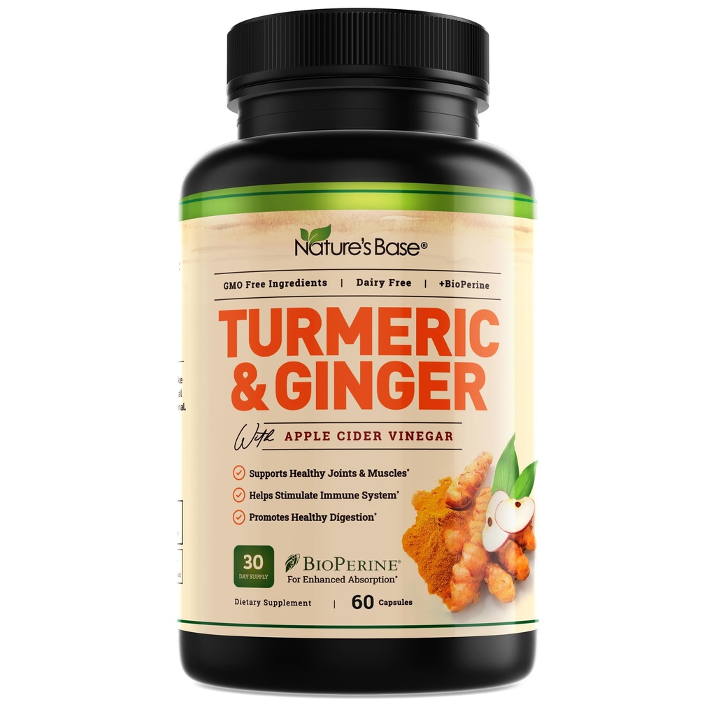 Nature's Base Turmeric and Ginger Supplement - met Curcumin, Apple Cider Vinegar & BioPerine Black Pepper Extract - 95% Curcuminoids - 60 Capsules