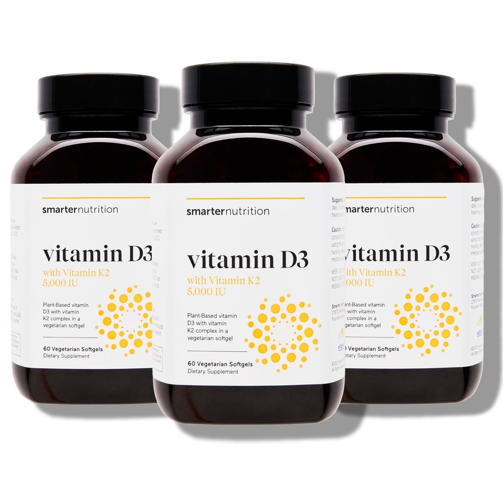 SMARTERNUTRITION Vitamine végétale D3 5000 UI + Vitamine naturelle K2 1100 mcg dans l'huile de coco et d'olive biologique - Supplément D3 K2 pour le soutien immunitaire et os - 180 Softgels[90 jours]