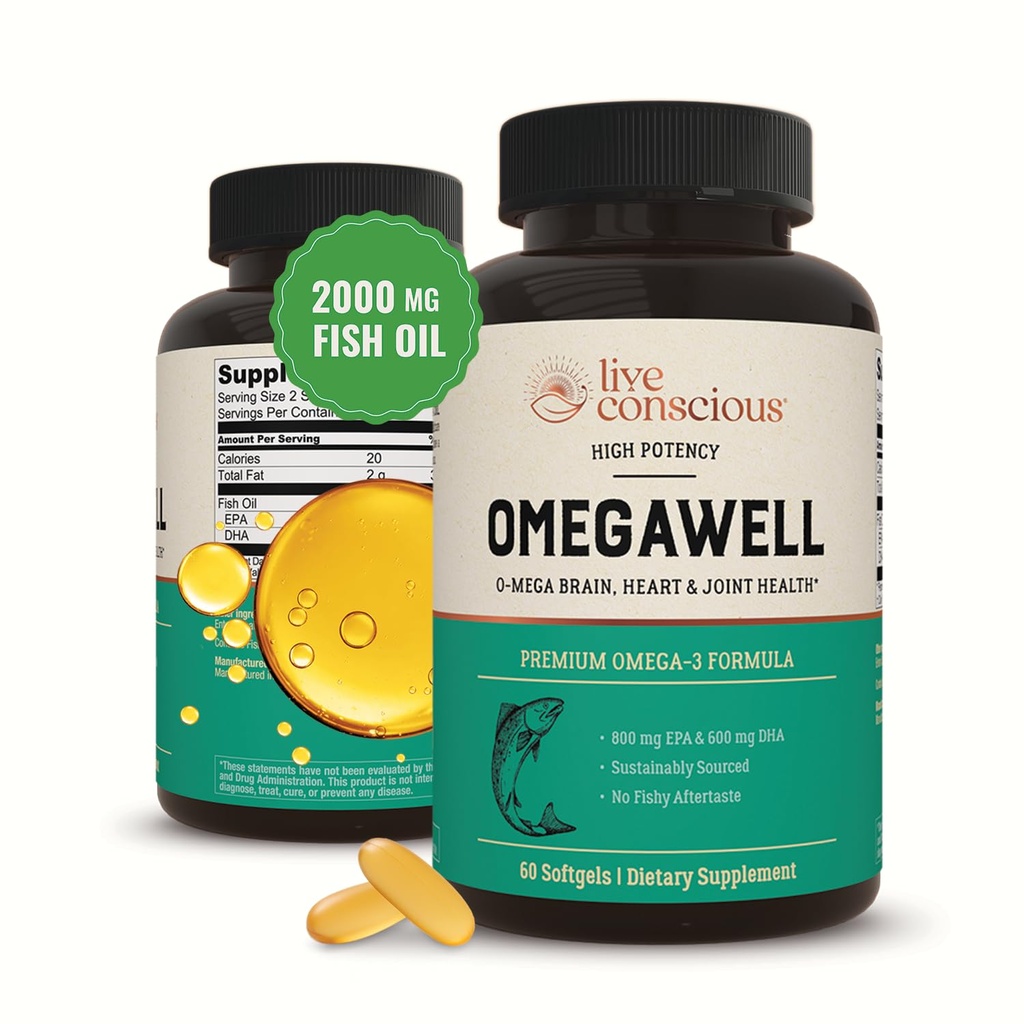 Live Conscious OmegaWell Omega 3 Fish Oil - 2000mg Capsules: Heart, Brain, & Joint Support - 800 mg EPA 600 mg DHA - Sustainablely Sourced - Softgels - 30 Day Supply