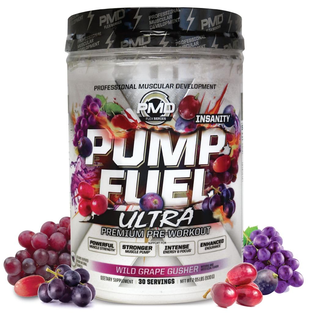 PMD Sports Pump Fuel Ultra Krankzinnigheid - Premium Preworkout Poeder & Muscle Pump, Grotere Focus, Endurance & Recovery, Premium Creatine, Arginine & Beta Alanine - Wild Grape Gusher (30 Servers)