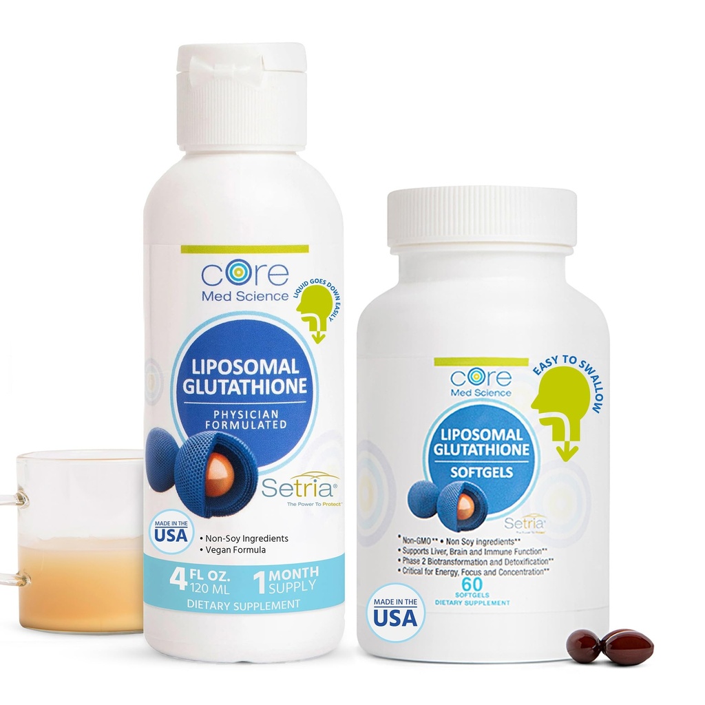 Core Med Science Gels doux de glutathion liposomique et supplément liquide pour l'énergie, la santé du cerveau, la peau et la santé du foie