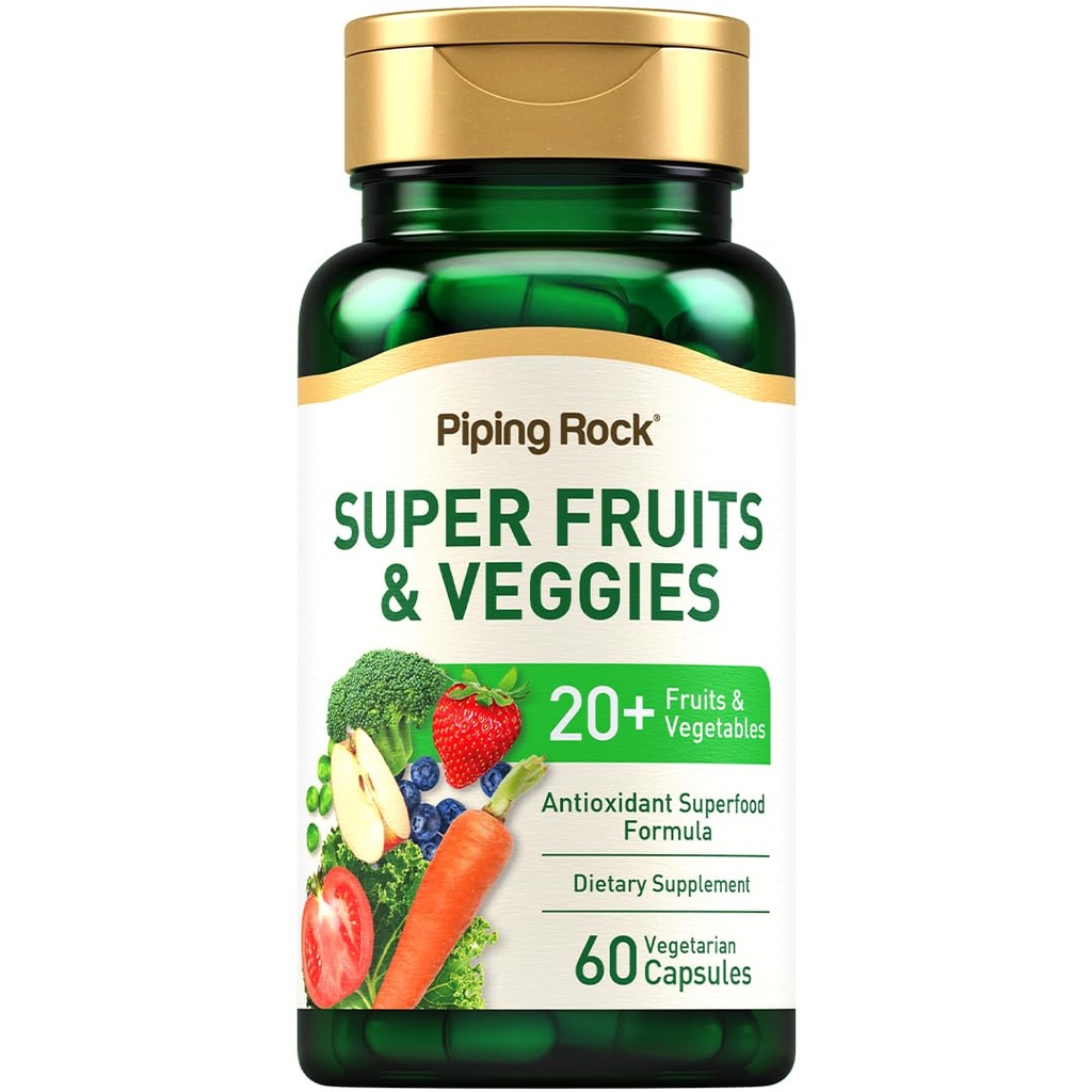 Supplément aux fruits et légumes de la roche piquante 60 capsules Superfood Fruits et Légumes Vitamines avec mélange prébiotique Formule végétarienne non-OGM, sans gluten