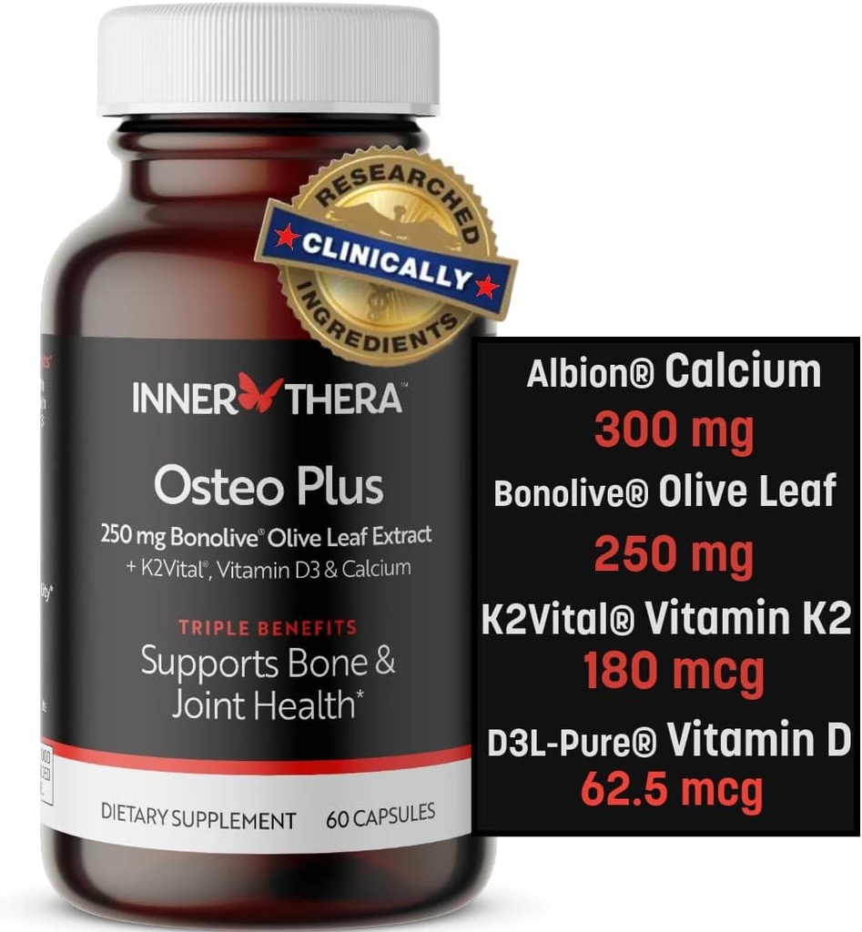 Osteo Plus 4-in-1 Uitgebreide supplement - Calcium met vitamine D3, K2 en Bonolive - Ondersteunt gezonde veroudering - Glutenvrije, niet-GMO, Veganistisch (60 Tel.)
