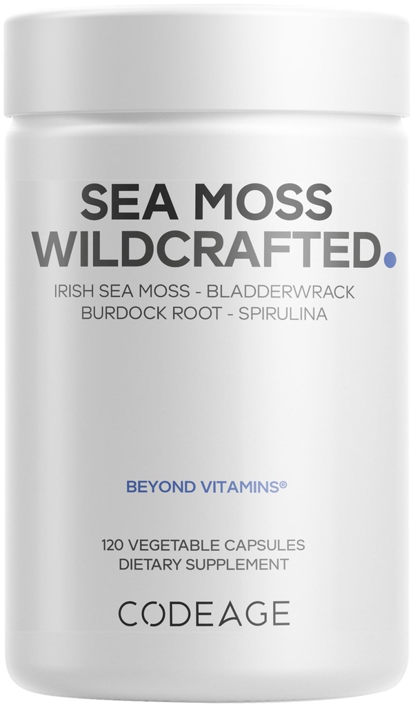 Codeage Raw Wildcrafted Irish Sea Moss Supplement, Spirulina Algen, Bladderwrack Seaweed, Burdock Root, Black Pepper, Vegan, Non-GMO, 120 Capsules
