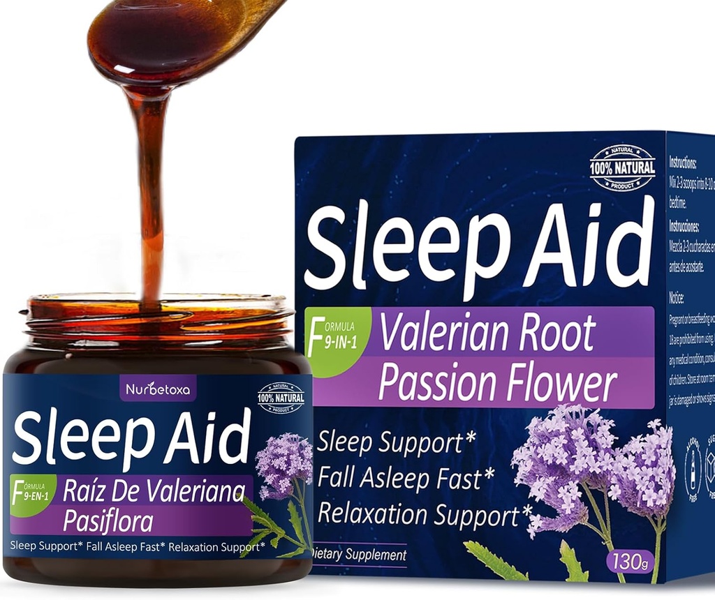 Valeriaan Root Slaaphulp Stroop, Passie Bloem, Hibiscus, Kamille, Soursop Bladeren voor betere slaap, Natuur Kruidenextract Liquid voor slaapondersteuning, Verminder spanning, ontspannen. 130 g
