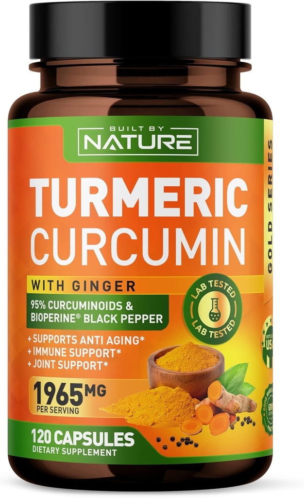 Kurkuma Curcumin 1965mg met Gember & BioPerine Black Pepper Extract - Hoge Absorptie 95% Curcuminoïden voor Gezamenlijke & Antioxidant Ondersteuning - Non-GMO, Glutenvrij, Veganistisch - 120 Kruidensupplement Capsules