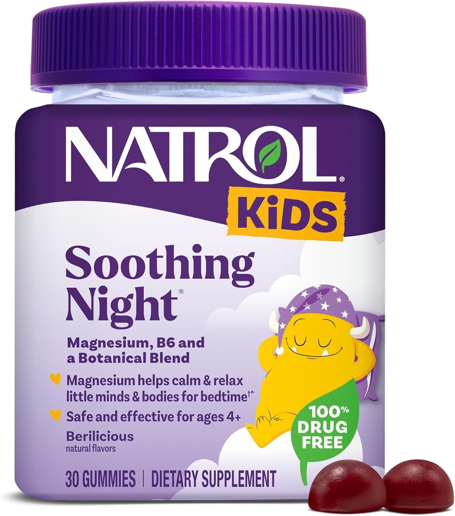 Natrol Kids Kalmerende Nacht Magnesium Citrate Gummies, helpt kalmeren & ontspannen Little Minds & Lichamen voor bedtijd voor degenen die laag in Magnesium, Plus Vitamine B6 ondersteunt Hersenfunctie, 30 Berilicious Gummies