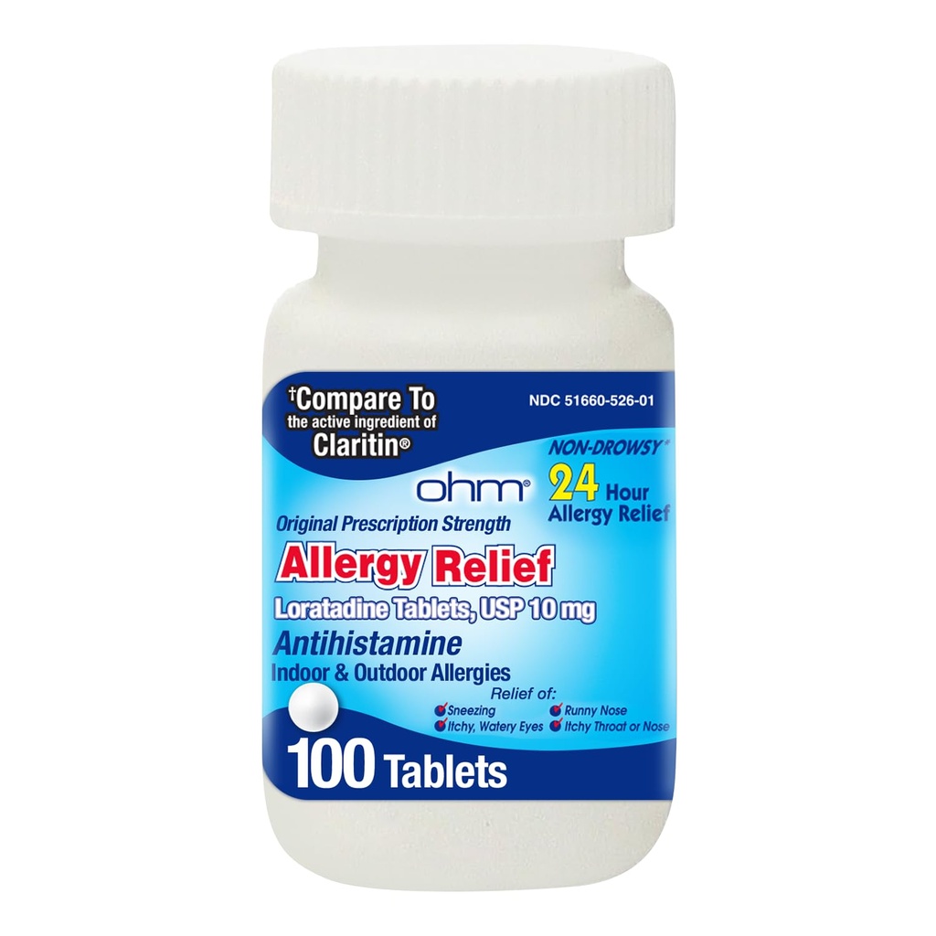 Ohm Allergie pillen - Loratadine Allergie 24-uurs Non-Drowsy Relief voor seizoensallergieën, niezen - Loratadine 10 mg Antihistamine voor effectieve niet-Drowsy 24-uurs Symptoom Relief - 100 Tellen