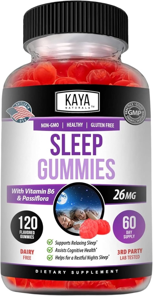 Kaya Naturals Slaap Gummies (26mg) - Gezondheidssupplement en slaaphulp voor volwassenen - Vitamine B6 en Melatonine Gummies - Gummy Vitaminen voor vrouwen en mannen - 120 Tel.