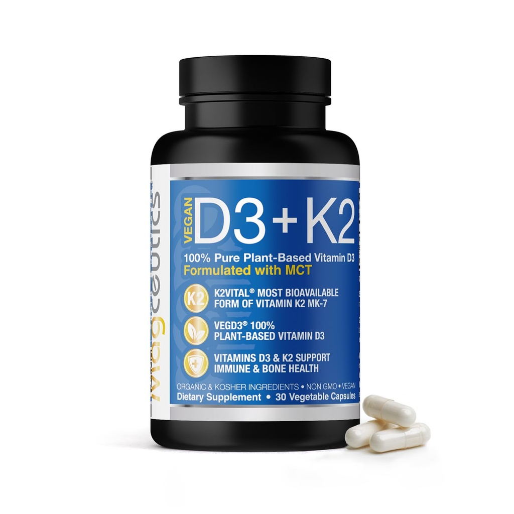 Vitamine D3 K2 avec MCT, 5000 UI Vegan D3 & 100 mcg MK7 K2, soutenir les os forts et la santé immunitaire - 30 capsules (30 jours d'approvisionnement)